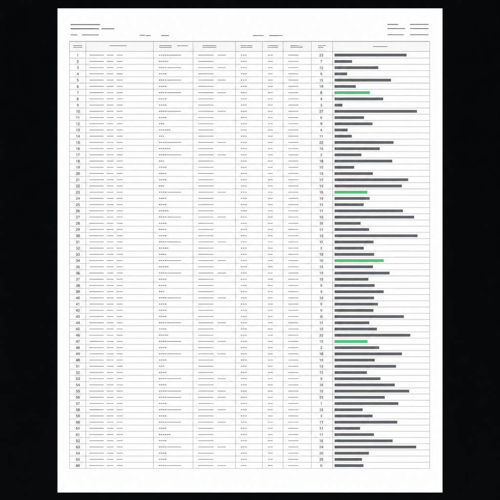 An audit sheet: ruled rows of records beside a column of count bars, four of them green